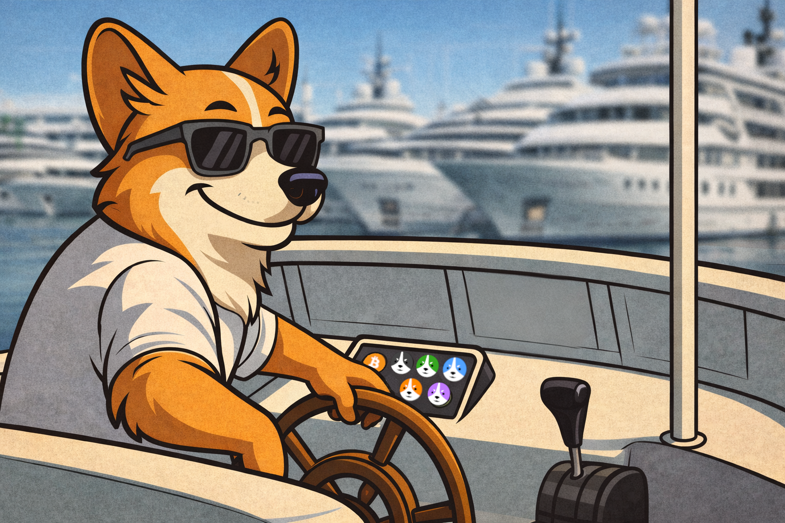 Welsh Corgi driving a yacht and wearing sunglasses