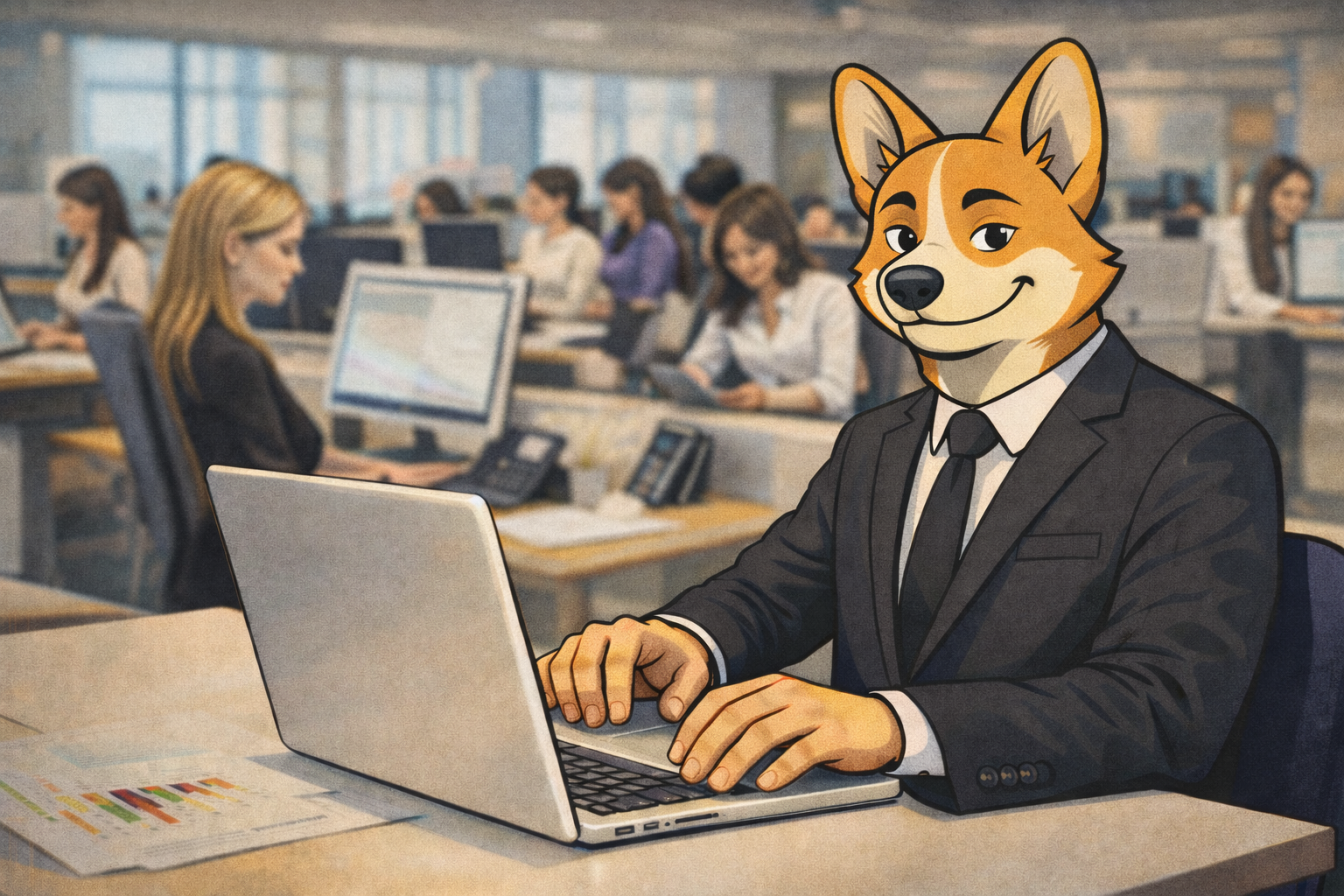 Welsh Corgi sitting at a laptop in a busy office